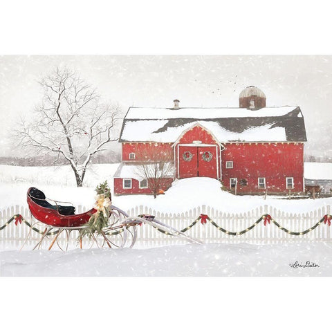 Christmas Barn with Sleigh White Modern Wood Framed Art Print by Deiter, Lori