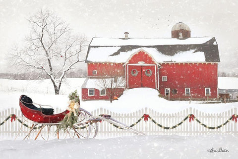 Christmas Barn with Sleigh Black Ornate Wood Framed Art Print with Double Matting by Deiter, Lori