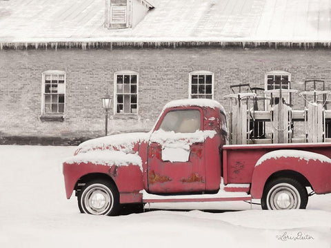 Old Sled Works Red Truck Black Ornate Wood Framed Art Print with Double Matting by Deiter, Lori