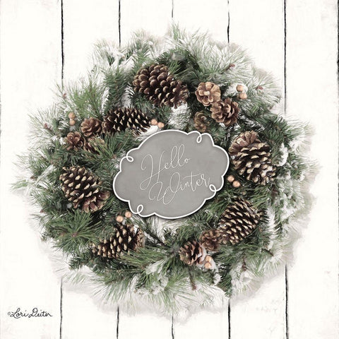 Hello Winter Wreath Black Modern Wood Framed Art Print with Double Matting by Deiter, Lori