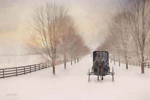 Snowy Amish Lane Black Ornate Wood Framed Art Print with Double Matting by Deiter, Lori