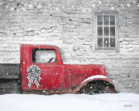 Christmas Truck with Plaid Bow Black Ornate Wood Framed Art Print with Double Matting by Deiter, Lori