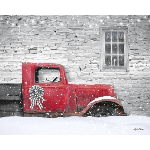 Christmas Truck with Plaid Bow White Modern Wood Framed Art Print by Deiter, Lori