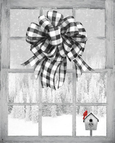 Christmas Birdhouse with Bow White Modern Wood Framed Art Print with Double Matting by Deiter, Lori