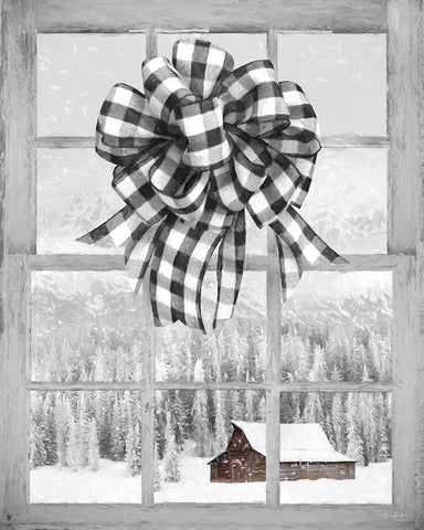 Christmas Barn with Bow Black Ornate Wood Framed Art Print with Double Matting by Deiter, Lori