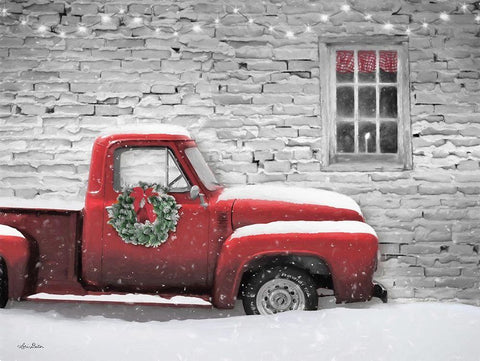 Snowy Christmas Truck   Black Ornate Wood Framed Art Print with Double Matting by Deiter, Lori