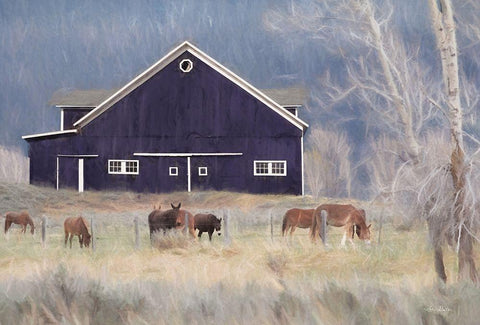 Old Navy Barn with Horses     Black Ornate Wood Framed Art Print with Double Matting by Deiter, Lori