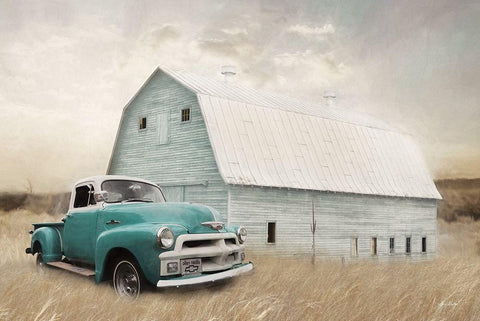 Teal Barn and Truck White Modern Wood Framed Art Print with Double Matting by Deiter, Lori