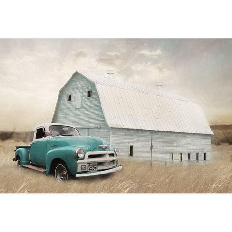 Teal Barn and Truck Gold Ornate Wood Framed Art Print with Double Matting by Deiter, Lori