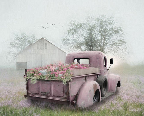 Pink Flower Truck White Modern Wood Framed Art Print with Double Matting by Deiter, Lori