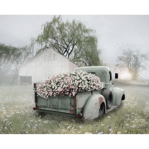 Sage Green Truck with  Blush Petunias    White Modern Wood Framed Art Print by Deiter, Lori