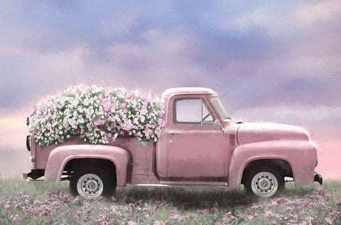 Pink Floral Truck White Modern Wood Framed Art Print with Double Matting by Deiter, Lori