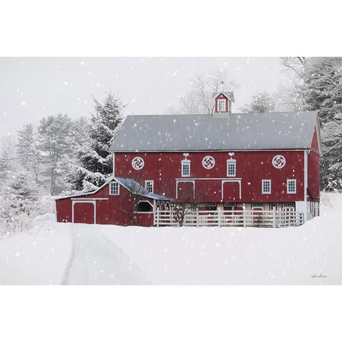 Winter Red Barn Gold Ornate Wood Framed Art Print with Double Matting by Deiter, Lori