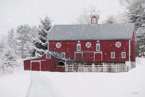 Winter Red Barn White Modern Wood Framed Art Print with Double Matting by Deiter, Lori