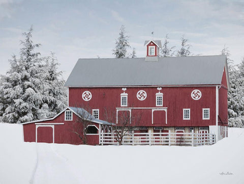 Red Barn in the Pines Black Ornate Wood Framed Art Print with Double Matting by Deiter, Lori