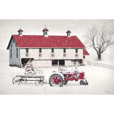 Red and White Christmas Barn White Modern Wood Framed Art Print by Deiter, Lori