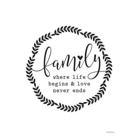 Family - Where Life Begins Black Modern Wood Framed Art Print by Lettered and Lined