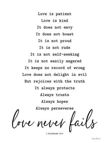 Love Never Fails White Modern Wood Framed Art Print with Double Matting by lettered And lined