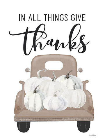 Give Thanks Pumpkin Truck White Modern Wood Framed Art Print with Double Matting by Lettered And Lined