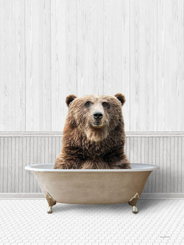 Bath Time Bear  White Modern Wood Framed Art Print with Double Matting by Lettered And Lined