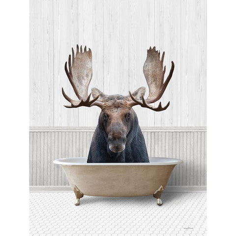 Bath Time Moose  Gold Ornate Wood Framed Art Print with Double Matting by Lettered And Lined