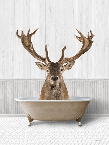 Bath Time Deer White Modern Wood Framed Art Print with Double Matting by Lettered And Lined