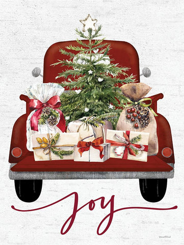 Joy Christmas Truck White Modern Wood Framed Art Print with Double Matting by Lettered and Lined