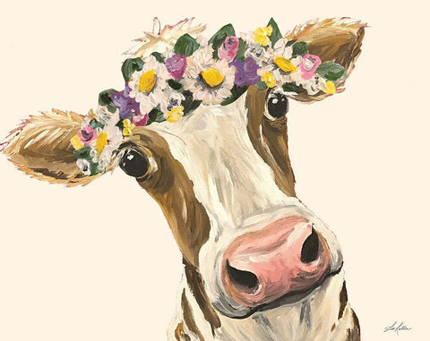 Miss Moo Moo with Flower Crown White Modern Wood Framed Art Print with Double Matting by Keller, Lee