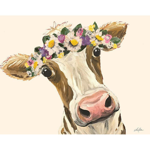 Miss Moo Moo with Flower Crown Black Modern Wood Framed Art Print by Keller, Lee