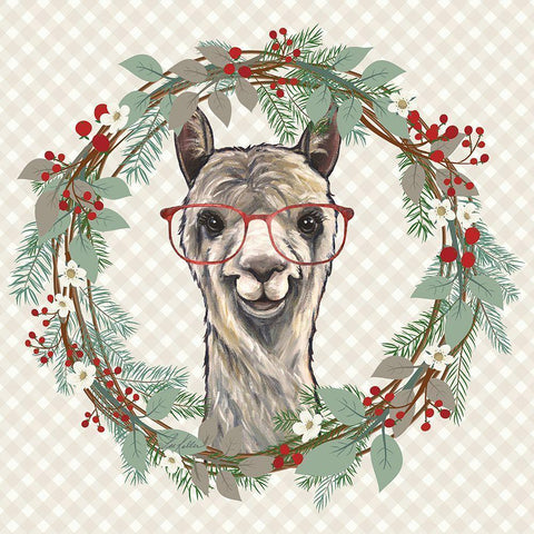 Christmas Llama Wreath Gold Ornate Wood Framed Art Print with Double Matting by Keller, Lee