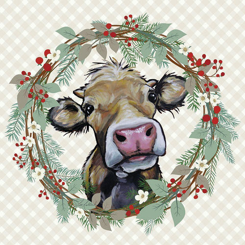 Christmas Cow Wreath Gold Ornate Wood Framed Art Print with Double Matting by Keller, Lee