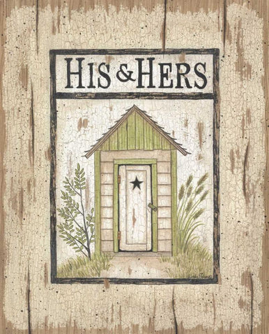 His and Hers Outhouse Black Ornate Wood Framed Art Print with Double Matting by Spivey, Linda