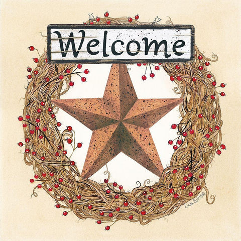 Barn Star Welcome Wreath Black Ornate Wood Framed Art Print with Double Matting by Spivey, Linda