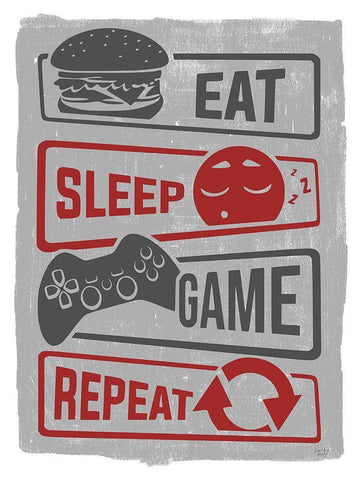 Eat-Sleep-Game-Repeat White Modern Wood Framed Art Print with Double Matting by Lux + Me Designs