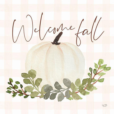 Welcome Fall Pumpkin White Modern Wood Framed Art Print by Lux + Me Designs