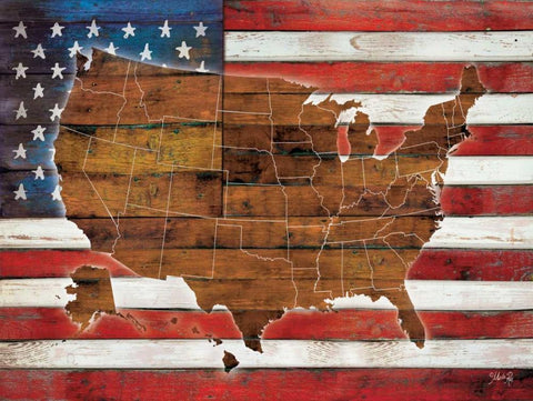 American Flag USA Map  Black Ornate Wood Framed Art Print with Double Matting by Rae, Marla