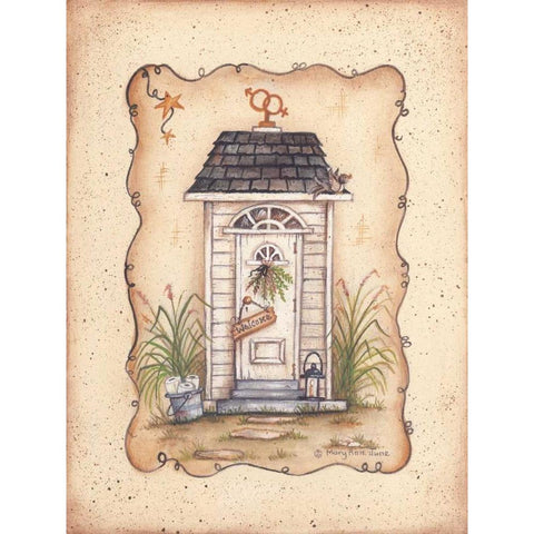 His and Hers Outhouse White Modern Wood Framed Art Print by June, Mary Ann