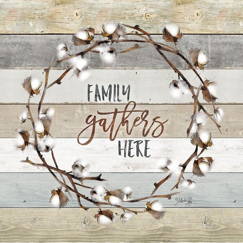 Family Gathers Here Cotton Wreath Black Modern Wood Framed Art Print with Double Matting by Rae, Marla