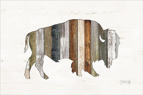 Wood Slat Bison Black Ornate Wood Framed Art Print with Double Matting by Rae, Marla