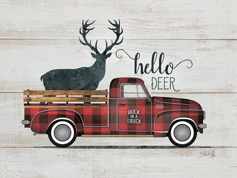 Hello Deer Vintage Truck Black Ornate Wood Framed Art Print with Double Matting by Rae, Marla