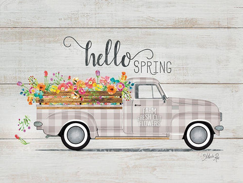 Hello Spring Vintage Truck White Modern Wood Framed Art Print with Double Matting by Rae, Marla