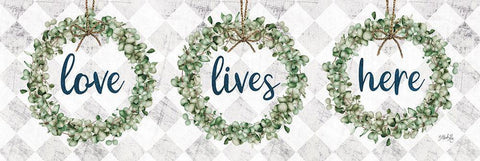 Love Lives Here Eucalyptus Wreaths Black Ornate Wood Framed Art Print with Double Matting by Rae, Marla