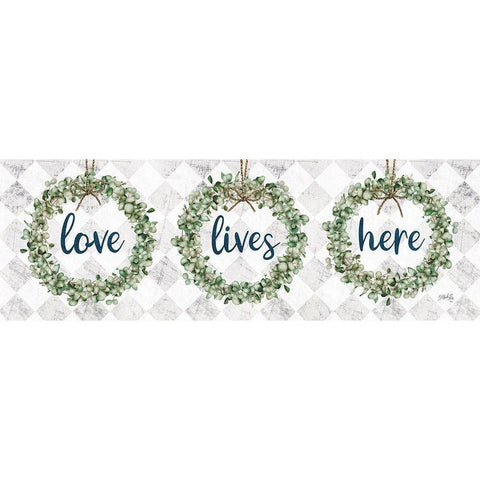 Love Lives Here Eucalyptus Wreaths White Modern Wood Framed Art Print by Rae, Marla