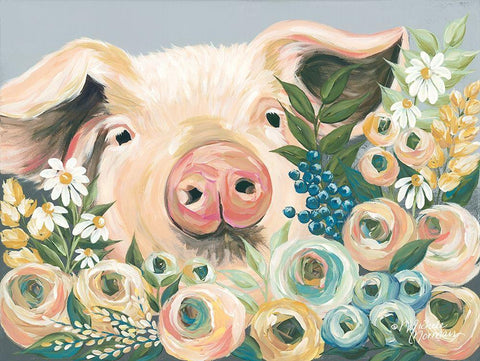 Pig in the Flower Garden White Modern Wood Framed Art Print with Double Matting by Norman, Michele