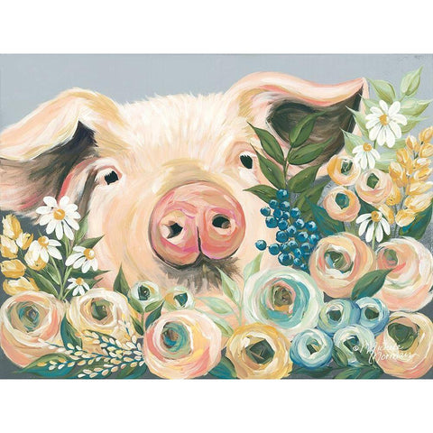 Pig in the Flower Garden Black Modern Wood Framed Art Print with Double Matting by Norman, Michele