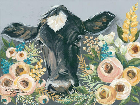 Cow in the Flower Garden White Modern Wood Framed Art Print with Double Matting by Norman, Michele