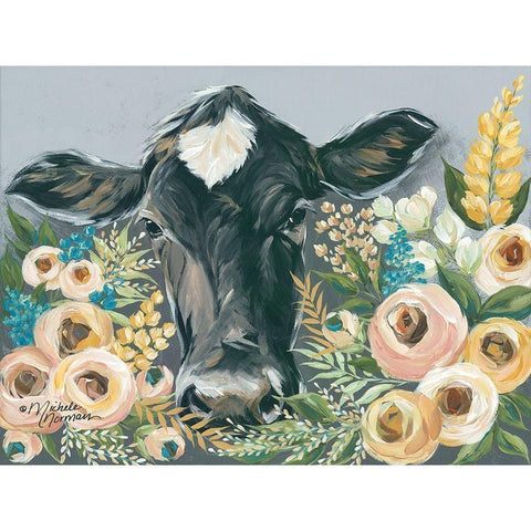 Cow in the Flower Garden Black Modern Wood Framed Art Print with Double Matting by Norman, Michele