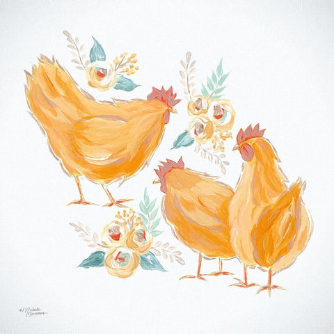 Trio of Floral Roosters Black Ornate Wood Framed Art Print with Double Matting by Norman, Michele