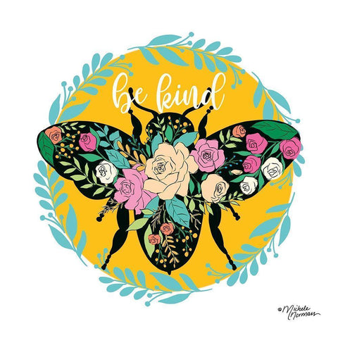 Be Kind Floral Bee Gold Ornate Wood Framed Art Print with Double Matting by Norman, Michele