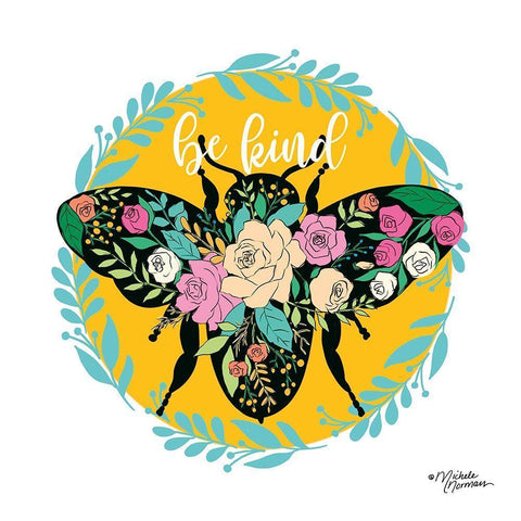 Be Kind Floral Bee Black Ornate Wood Framed Art Print with Double Matting by Norman, Michele